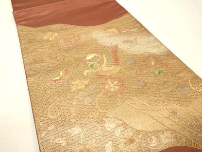 平和屋着物▼中国三大刺繍　スワトウ刺繍　汕頭刺繍　太鼓柄袋帯　螺鈿　花鳥舞蝶文　金銀彩　正絹　逸品　DABI7005fe