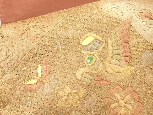 平和屋着物▼中国三大刺繍　スワトウ刺繍　汕頭刺繍　太鼓柄袋帯　螺鈿　花鳥舞蝶文　金銀彩　正絹　逸品　DABI7005fe