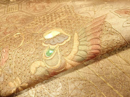 平和屋着物▼中国三大刺繍　スワトウ刺繍　汕頭刺繍　太鼓柄袋帯　螺鈿　花鳥舞蝶文　金銀彩　正絹　逸品　DABI7005fe