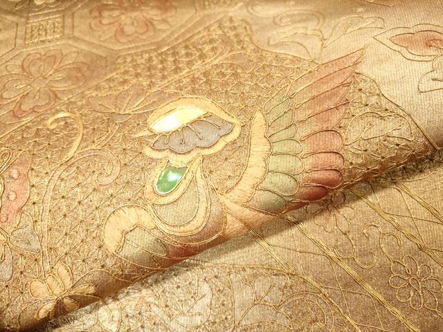 平和屋着物▼中国三大刺繍　スワトウ刺繍　汕頭刺繍　太鼓柄袋帯　螺鈿　花鳥舞蝶文　金銀彩　正絹　逸品　DABI7005fe