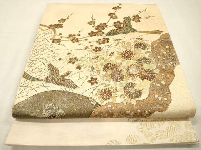 平和屋着物▼太鼓柄袋帯　螺鈿　道長花鳥文　金彩　正絹　逸品　DABI7007fe