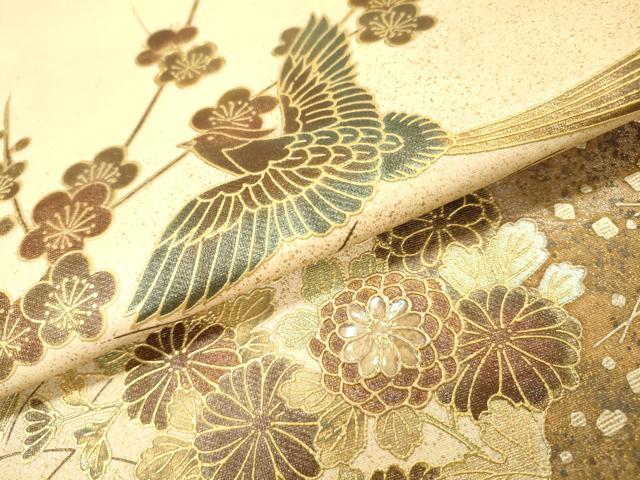 平和屋着物▼太鼓柄袋帯　螺鈿　道長花鳥文　金彩　正絹　逸品　DABI7007fe