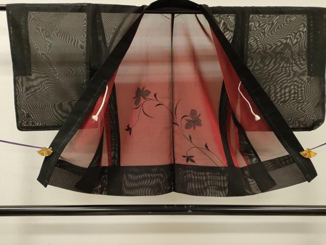 平和屋着物▽羽織　スリーシーズン　春夏秋　塵除け　刺繍　草花　黒地　正絹　逸品　未使用　DABI7012fe