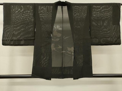 平和屋着物▽羽織　スリーシーズン　春夏秋　塵除け　流水花文　黒地　正絹　逸品　未使用　DABI7014fe