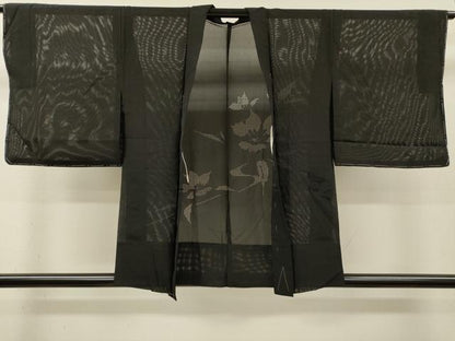 平和屋着物▽羽織　スリーシーズン　春夏秋　塵除け　流水花文　黒地　正絹　逸品　未使用　DABI7014fe