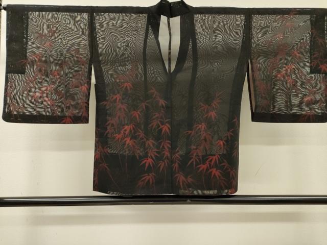 平和屋着物▽道中着　スリーシーズン　春夏秋　塵除け　笹文　黒地　正絹　逸品　DABI7017fe