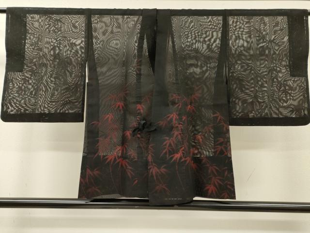 平和屋着物▽道中着　スリーシーズン　春夏秋　塵除け　笹文　黒地　正絹　逸品　DABI7017fe