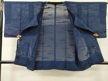 平和屋着物▽道行コート　スリーシーズン　春夏秋　塵除け　霞文　鉄紺色　正絹　逸品　未使用　DABI7039fe