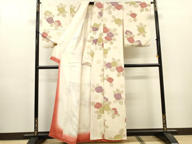平和屋着物▼上質な小紋　手描き　椿　正絹　逸品　DABI7066fe