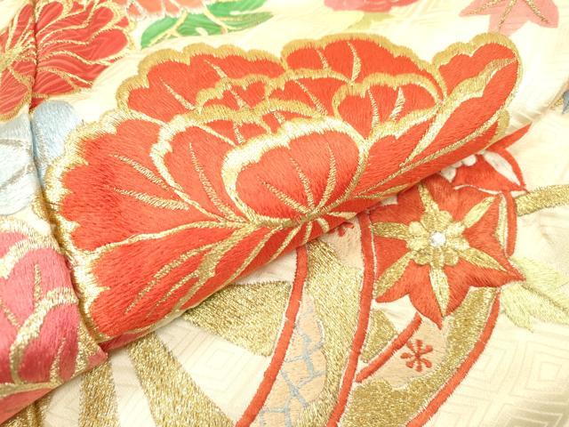 平和屋着物▼豪華振袖　総刺繍　花車文　金銀糸　正絹　逸品　DABI7082fe