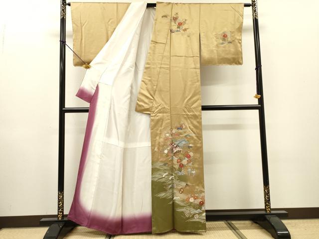平和屋着物▼中国三大刺繍　相良刺繍　総刺繍　訪問着　風景花松文　暈し染　金糸　正絹　逸品　DABI7093fe