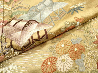 平和屋着物▼中国三大刺繍　相良刺繍　総刺繍　訪問着　風景花松文　暈し染　金糸　正絹　逸品　DABI7093fe
