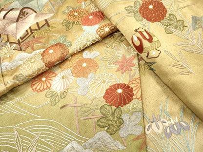 平和屋着物▼中国三大刺繍　相良刺繍　総刺繍　訪問着　風景花松文　暈し染　金糸　正絹　逸品　DABI7093fe