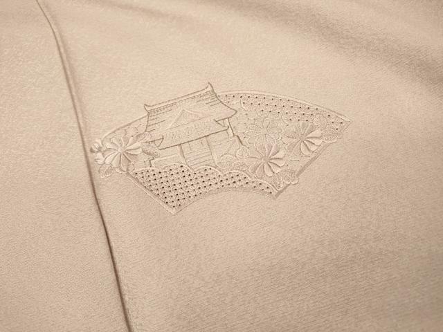 平和屋着物▼中国三大刺繍 スワトウ刺繍 汕頭刺繍 総刺繍 無地絵羽訪問着 地紙風景花文 薄柿色 正絹 逸品 DABI7096fe
