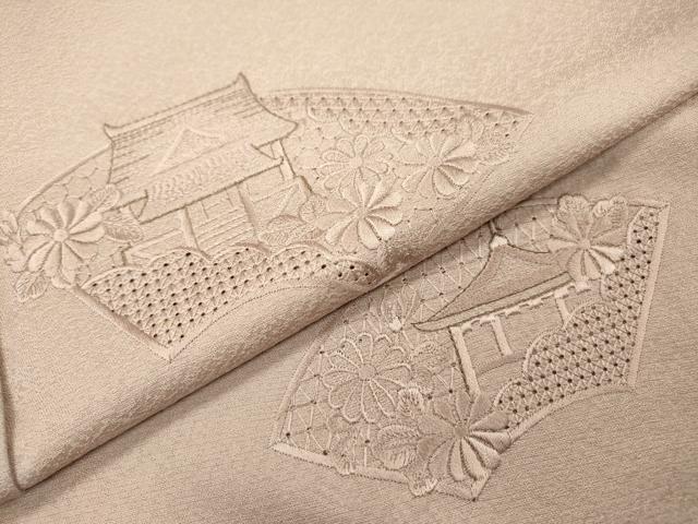 平和屋着物▼中国三大刺繍 スワトウ刺繍 汕頭刺繍 総刺繍 無地絵羽訪問着 地紙風景花文 薄柿色 正絹 逸品 DABI7096fe
