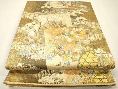 平和屋着物▼太鼓柄袋帯　螺鈿　地紙重ね花松文　金銀彩　引箔　正絹　逸品　DABI7113fe