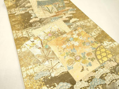平和屋着物▼太鼓柄袋帯　螺鈿　地紙重ね花松文　金銀彩　引箔　正絹　逸品　DABI7113fe