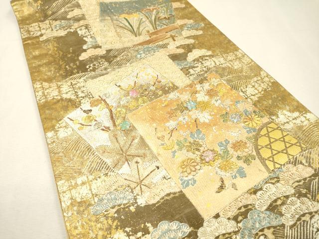 平和屋着物▼太鼓柄袋帯　螺鈿　地紙重ね花松文　金銀彩　引箔　正絹　逸品　DABI7113fe