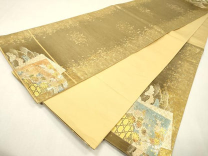 平和屋着物▼太鼓柄袋帯　螺鈿　地紙重ね花松文　金銀彩　引箔　正絹　逸品　DABI7113fe
