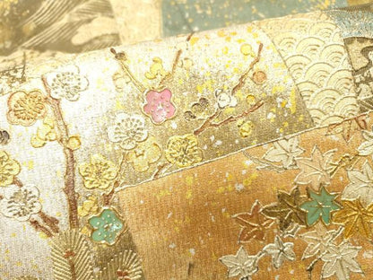 平和屋着物▼太鼓柄袋帯　螺鈿　地紙重ね花松文　金銀彩　引箔　正絹　逸品　DABI7113fe