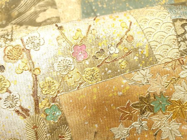 平和屋着物▼太鼓柄袋帯　螺鈿　地紙重ね花松文　金銀彩　引箔　正絹　逸品　DABI7113fe