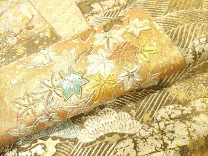 平和屋着物▼太鼓柄袋帯　螺鈿　地紙重ね花松文　金銀彩　引箔　正絹　逸品　DABI7113fe