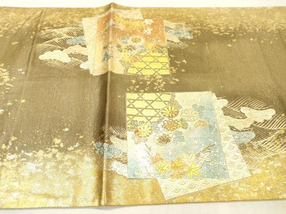 平和屋着物▼太鼓柄袋帯　螺鈿　地紙重ね花松文　金銀彩　引箔　正絹　逸品　DABI7113fe