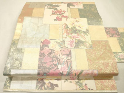 平和屋着物▼九寸名古屋帯　絵箔螺鈿織　色紙重ね花文　金銀彩　正絹　逸品　DABI7114fe