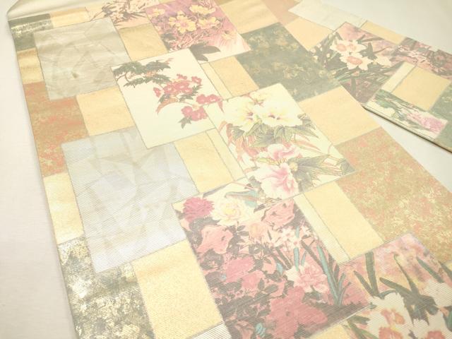 平和屋着物▼九寸名古屋帯　絵箔螺鈿織　色紙重ね花文　金銀彩　正絹　逸品　DABI7114fe
