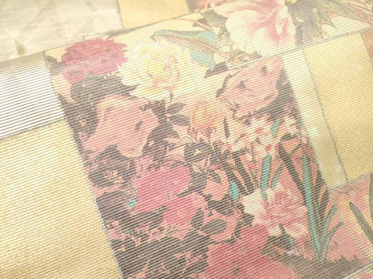 平和屋着物▼九寸名古屋帯　絵箔螺鈿織　色紙重ね花文　金銀彩　正絹　逸品　DABI7114fe
