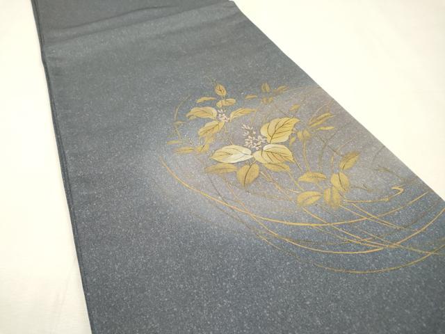平和屋着物▼太鼓柄袋帯　手描き　草花　金銀彩　正絹　逸品　DABI7123fe