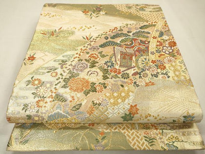 平和屋着物▼佐賀錦　六通柄袋帯　唐織　御所車花文　金糸　正絹　逸品　DABI7136fe