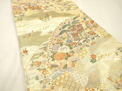 平和屋着物▼佐賀錦　六通柄袋帯　唐織　御所車花文　金糸　正絹　逸品　DABI7136fe