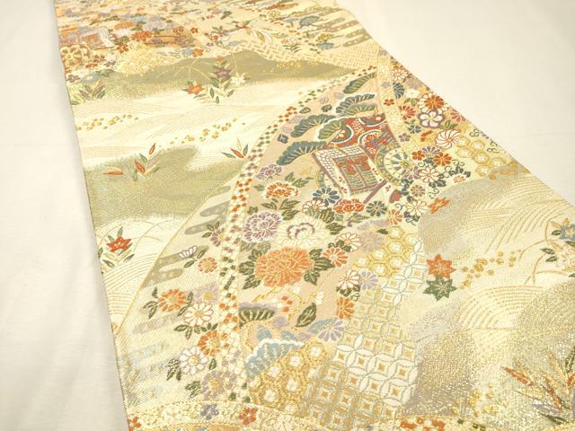 平和屋着物▼佐賀錦　六通柄袋帯　唐織　御所車花文　金糸　正絹　逸品　DABI7136fe