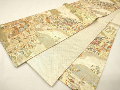 平和屋着物▼佐賀錦　六通柄袋帯　唐織　御所車花文　金糸　正絹　逸品　DABI7136fe
