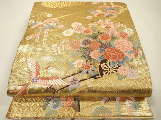 平和屋着物▼六通柄袋帯　唐織　加賀琳派瑞鳥紋　絵巻　金糸　正絹　逸品　DABI7149fe