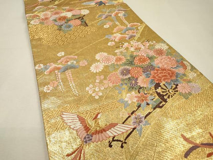平和屋着物▼六通柄袋帯　唐織　加賀琳派瑞鳥紋　絵巻　金糸　正絹　逸品　DABI7149fe
