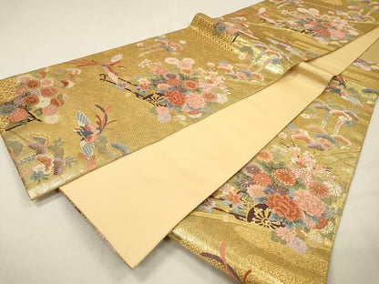 平和屋着物▼六通柄袋帯　唐織　加賀琳派瑞鳥紋　絵巻　金糸　正絹　逸品　DABI7149fe