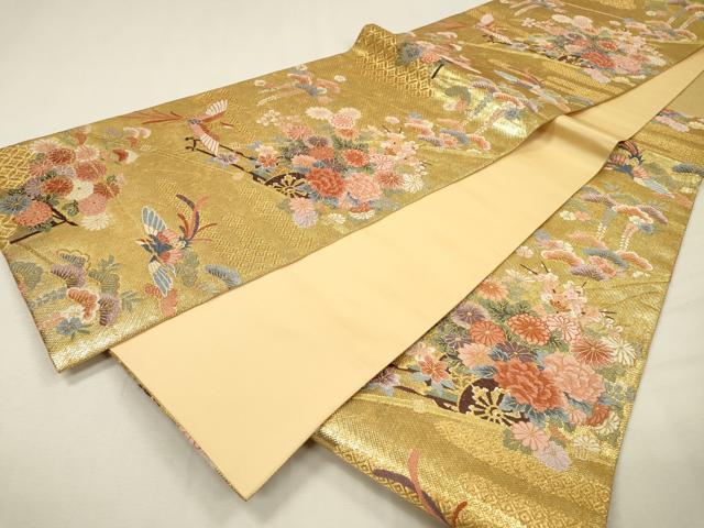 平和屋着物▼六通柄袋帯　唐織　加賀琳派瑞鳥紋　絵巻　金糸　正絹　逸品　DABI7149fe