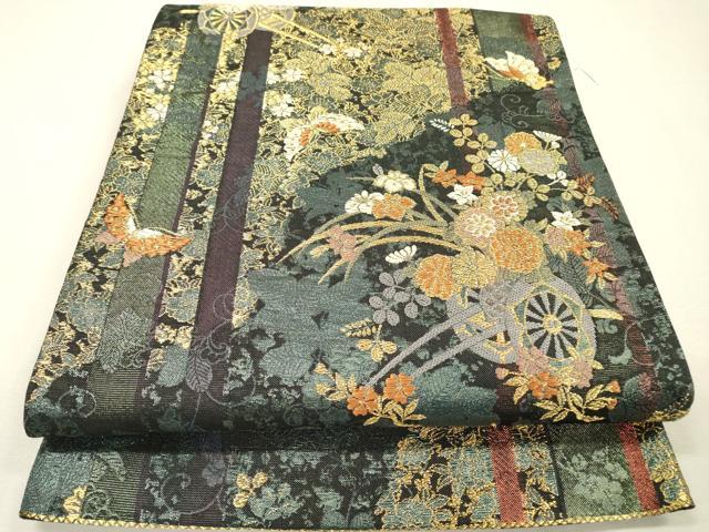 平和屋着物▼両面　六通柄袋帯　唐織　舞蝶花車文　金糸　正絹　逸品　DABI7157fe