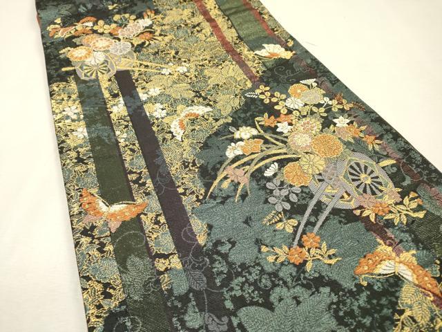平和屋着物▼両面　六通柄袋帯　唐織　舞蝶花車文　金糸　正絹　逸品　DABI7157fe