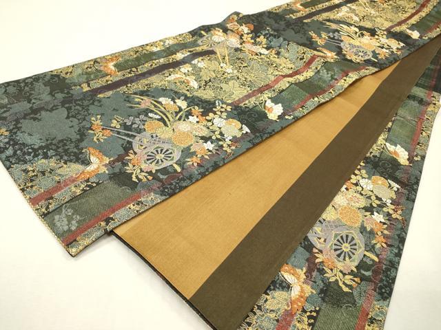 平和屋着物▼両面　六通柄袋帯　唐織　舞蝶花車文　金糸　正絹　逸品　DABI7157fe