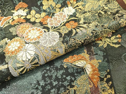 平和屋着物▼両面　六通柄袋帯　唐織　舞蝶花車文　金糸　正絹　逸品　DABI7157fe