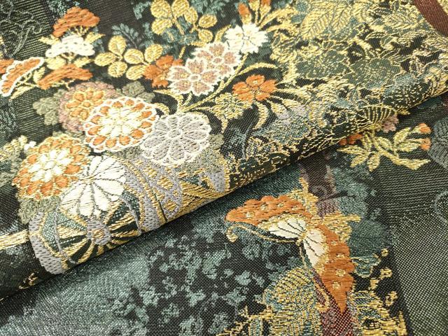 平和屋着物▼両面　六通柄袋帯　唐織　舞蝶花車文　金糸　正絹　逸品　DABI7157fe