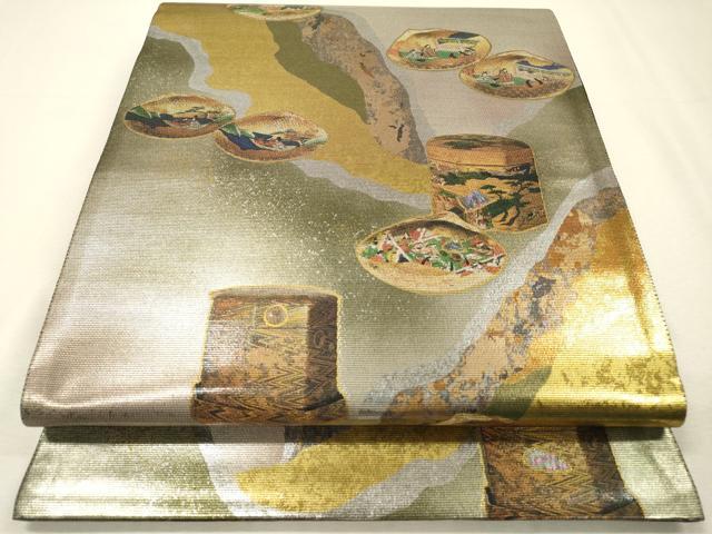 平和屋着物▼太鼓柄袋帯　螺鈿箔　道長貝合わせ文　金銀彩　引箔　正絹　逸品　未使用　DABI7166fe