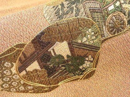 平和屋着物▼絽刺し　区限刺繍　総刺繍　太鼓柄袋帯　貝合わせ御所車花文　金糸　正絹　逸品　DABI7167fe