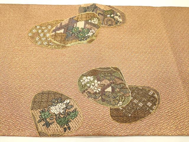 平和屋着物▼絽刺し　区限刺繍　総刺繍　太鼓柄袋帯　貝合わせ御所車花文　金糸　正絹　逸品　DABI7167fe