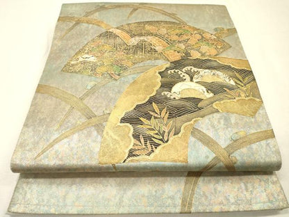 平和屋着物▼太鼓柄袋帯　螺鈿　地紙型輪車花松文　金彩　引箔　正絹　逸品　DABI7177fe