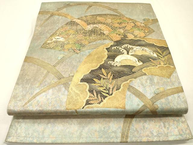 平和屋着物▼太鼓柄袋帯　螺鈿　地紙型輪車花松文　金彩　引箔　正絹　逸品　DABI7177fe