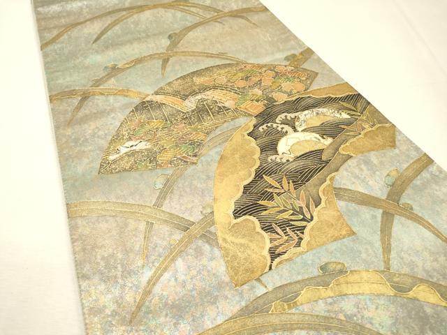 平和屋着物▼太鼓柄袋帯　螺鈿　地紙型輪車花松文　金彩　引箔　正絹　逸品　DABI7177fe